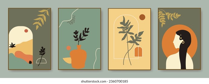 Minimalist collection modern abstract leaves tropical botanical bohemian style, poster, print, wall, decor, boho	
