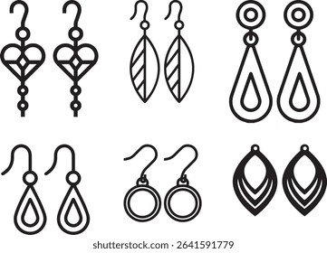 A minimalist collection of modern earring vector icons including geometric, heart, drop, leaf, and hoop styles. These line-art style black-and-white illustrations are perfect for use in fashion.