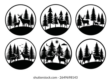 A minimalist collection of simple deer and tree silhouettes, presented in a clean, graphic style. Ideal for nature-themed designs, branding, or decorative elements on a white background.