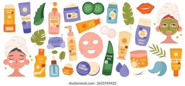 Minimalist collection of summer skincare essentials: SPF creams, facial masks, hydrating sprays, and sun protection items. Clean modern design perfect for wellness blogs, beauty guides, product packag