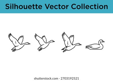 Una colección minimalista de Ilustraciones vectoriales que representan patos en vuelo y en reposo.