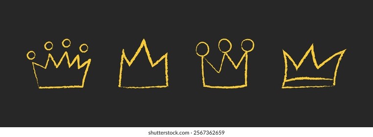 Minimalist collection of yellow crown doodles in wax crayon style on black background. Whimsical childish chalk textured scribbles elements