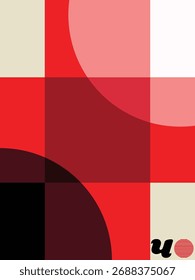 Arte minimalista em bloco de cores, listra vermelha e sobreposição circular em formato contemporâneo, layout estruturado com formas simétricas e tons neutros.