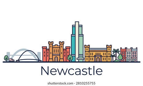 A minimalist color line art vector illustration representing the iconic skyline landmarks of Newcastle for travel, tourism, and poster design.