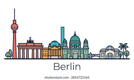 A minimalist color line art vector illustration of the Berlin city skyline featuring major landmarks like the Brandenburg Gate and TV Tower.
