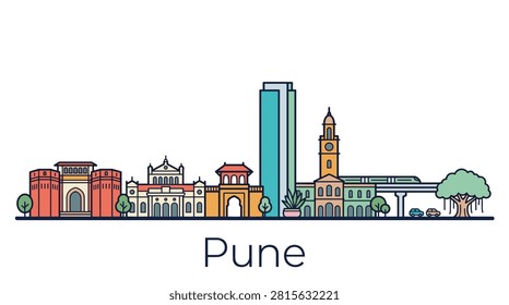 A minimalist colored vector illustration of the Pune city skyline featuring historic landmarks and modern architecture for travel and tourism designs.