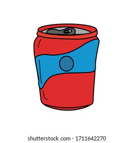 Minimalist colorful can on a colored background. Ideal for badges, medals or badges. Soda pop in red cartoon jar.Vector illustration.Summer drink.