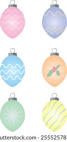 Minimalist and colorful Christmas tree ornaments collection featuring multicolored decorative elements for holiday designs, festive greeting cards, New Year projects, seasonal illustrations.