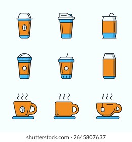 Minimalist colorful clean icon set of various hot and cold drinks including coffee cups, takeaway cups, and soda cans. Perfect for café branding, menu design, or mobile app interfaces