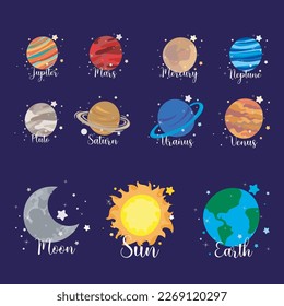 minimalist and colorful illustration of the solar system, planets and stars