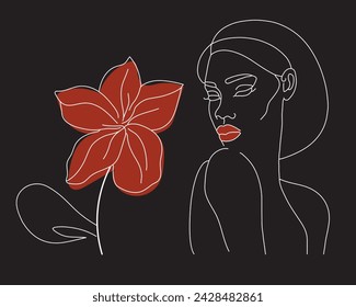 Minimalist and colorful line art of a woman s face with flowers. The colors used are gold, black, white, and red.