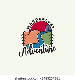 Minimalist colorful mountain adventure logo vector illustration design. Simple monoline mountain, river, and sun badge illustration.