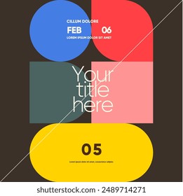 A minimalist and colorful poster design featuring bold geometric shapes in blue, red, green, pink, and yellow, perfect for modern creative presentations.
