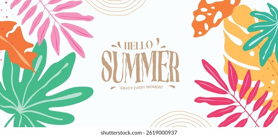 Minimalist and colorful summer-themed illustration with vibrant tropical leaves on a clean white background. The design centers around a "Hello Summer" message, creating a fresh and cheerful vibe.