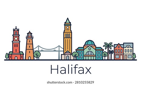 A minimalist colorful vector line art illustration of iconic Halifax skyline landmarks, perfect for travel, tourism, and Canadian regional designs.