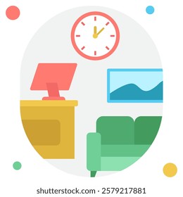 A minimalist and colorful workspace featuring a computer, clock, and cozy seating area, ideal for home offices or creative studios.