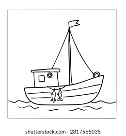 A minimalist coloring page illustration featuring a small fishing boat with a mast and two hanging fish on the hull.