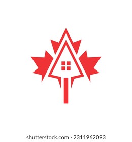 Minimalistische Kombination aus Haus und Leaf-Ahornlogo-Design, Logo-Vektorgrafik-Vorlage für Immobilien