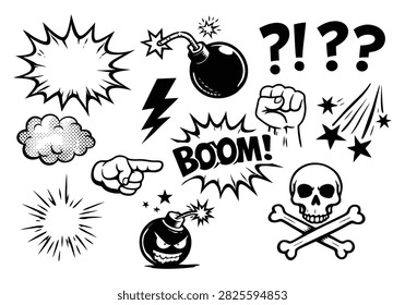Minimalist black‑and‑white comic vector icons featuring explosions, fists, bombs, skulls, and expressive pop art symbols for dynamic design projects.