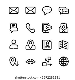 Minimalist Communication and Contact Line Icons Set – Email, Phone, Chat, Location, and User Profile