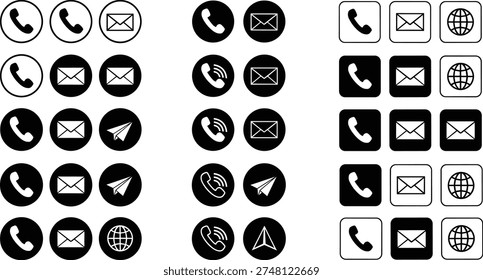 Minimalist Communication Icon Set Featuring Phone Email Web and Location Symbols in Circular and Rounded Square Black and White Vector Styles