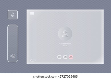 Video Interfaz de comunicación minimalista con vidrio esmerilado Navegación de menú lateral en glassmorphic interfaz de llamada con iconos minimalistas con timbre de notificación y control deslizante de volumen más pantalla principal de llamadas con perfil de contacto en Vector.