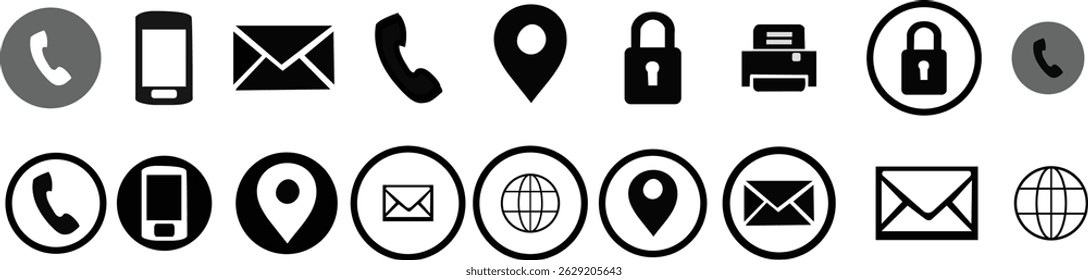 Conjunto de iconos de comunicación y seguridad minimalista con símbolos de teléfono, correo electrónico, ubicación, candado y globo terráqueo. Ideal para UI, UX, tarjetas de visita y Diseño web.