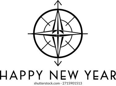 Icono de brújula minimalista flotando sobre el texto en negrita de "Feliz año Nuevo 2026", diseño limpio, ilustración de celebración moderna, perfecto para tarjetas de felicitación, Anuncios digitales y gráficos festivos.