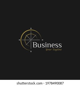 minimalist compass logo vector with gold crecent circle isolated on black background