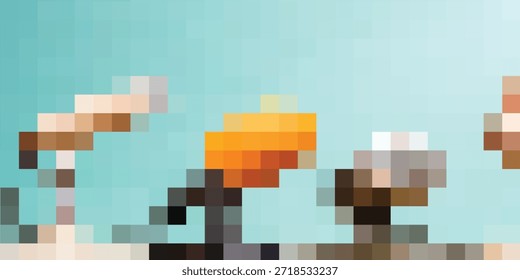 Una composición minimalista con formas geométricas abstractas en naranja y verde azulado, sobre un fondo azul suave.