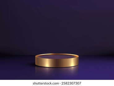 minimalist composition featuring a gleaming golden cylinder platform against a deep purple backdrop, showcasing luxury and modern design with a focus on light reflection and elegant contrast