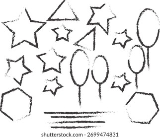  Uma composição minimalista com várias formas geométricas delineadas. O sortimento inclui estrelas, triângulos, ovais com linhas de conexão e hexágonos, todos renderizados com uma simples linha tracejada 