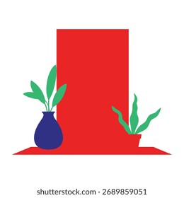 Uma composição minimalista com um retângulo vermelho vibrante contra um fundo branco com duas plantas em vasos