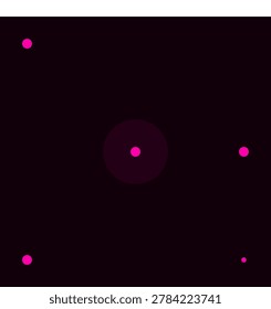 A minimalist composition of five bright magenta circular nodes arranged across a black square background with a subtle central glow