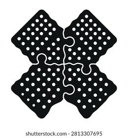 A minimalist composition of four interlocking puzzle pieces forming a square shape. Each piece features a repeating white polka dot pattern on a solid black base.