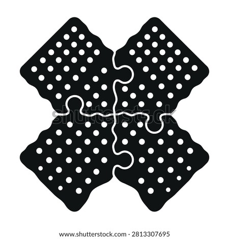 A minimalist composition of four interlocking puzzle pieces forming a square shape. Each piece features a repeating white polka dot pattern on a solid black base.