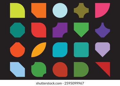A minimalist composition of geometric shapes in various colors on a dark background.