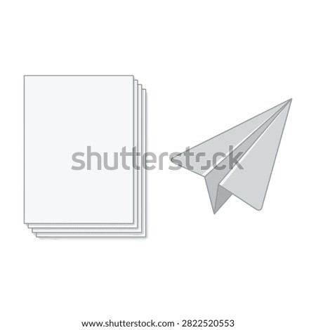 A minimalist composition showing a small folded paper airplane hovering next to a neat stack of white blank pages, symbolizing digital communication and document mail.