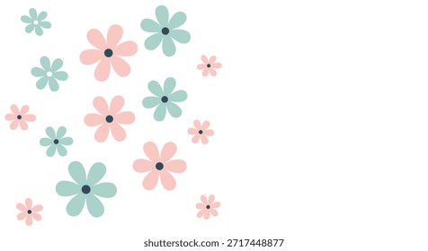 Minimalist composition of simple pink and blue daisy flowers with dark centers arranged on the left side of a white space.