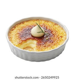 a minimalist composition. Torch-glazed top, creamy custard interior, and garnish on top