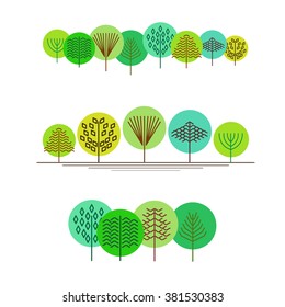 Minimalist composition of trees, green forest, sketches lines and simple shapes