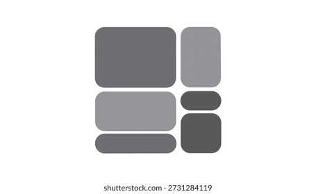 Una composición minimalista de varios rectángulos grises de tamaño con esquinas redondeadas dispuestas sobre un fondo blanco.