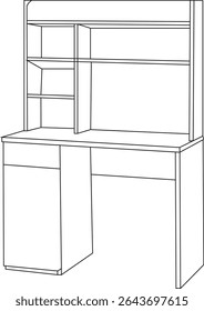 Minimalist computer desk with upper storage shelves and side cabinet. Ideal for home office, study room, or workspace design. Clean line art illustration, perfect for furniture catalogs or plans.