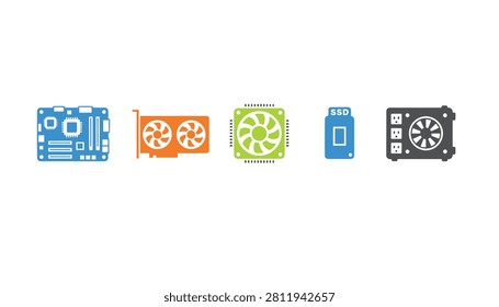 Minimalist computer hardware components icons featuring a motherboard, graphics card, cooling fan, solid state drive, and power supply.