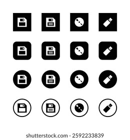 Minimalist computer icons, black and white,
floppy disk, CD, USB drive, save icon, data
storage symbols, simple geometric shapes,
clean design, high contrast, square format,
repeating pattem.