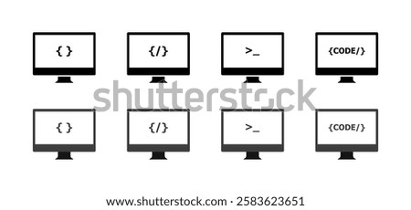 Minimalist computer screen icons with coding symbols and code brackets. Vector icon