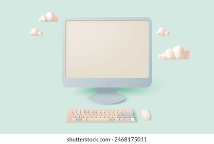 A minimalist computer setup featuring a pastel-colored keyboard, mouse, and monitor surrounded by floating cloud decorations, . Ideal for tech enthusiasts and creative workspaces