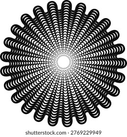 Minimalist Concentric Wavy Line Radial Ornament. Modern Monochromatic Psychoactive Sunburst Background. Abstract Black and White Geometric Circular Ripple Pattern