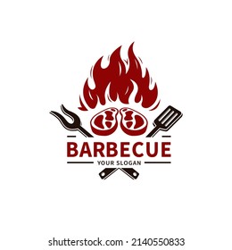 minimalist concept barbecue vector illustration with grill, fire, spatula and grill fork for bbq restaurant logo design2