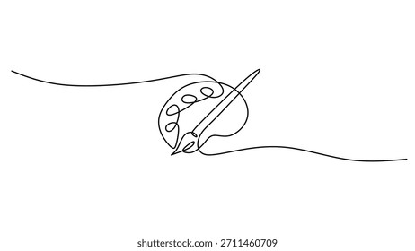 Um conceito minimalista de criatividade e trabalho artístico. Um desenho contínuo de uma linha mostra a paleta de pintura e o pincel de um artista, um símbolo de contorno para um hobby criativo.